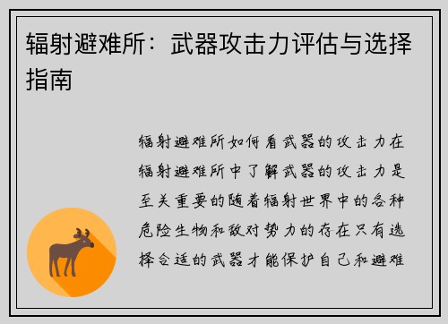 辐射避难所：武器攻击力评估与选择指南